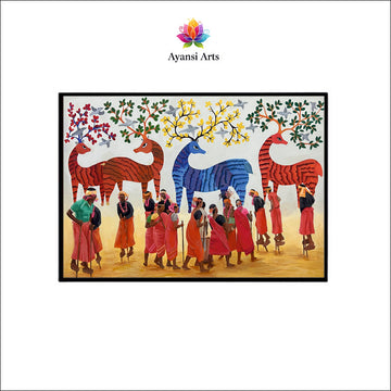 Gond Art Procession with Mythical Deer Canvas Painting by Ayansi Arts