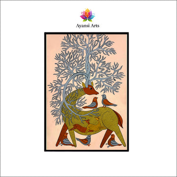 Enigmatic Deer with Tree Antlers & Birds Canvas Digital Art Painting by Ayansi Arts