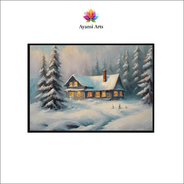 Winter's Warmth: A Snowbound Cabin Canvas Digital Painting