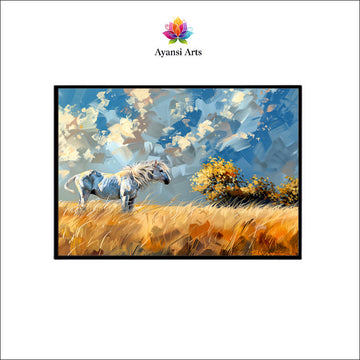 Prairie Solitude Canvas Digital Painting - White Horse in Golden Field
