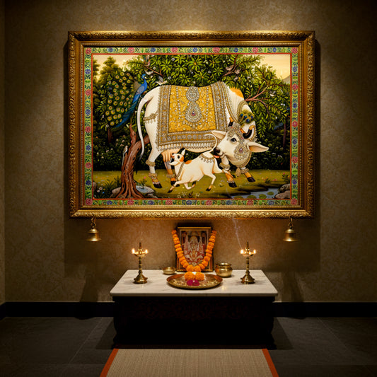 Ayansi Arts β Divine Kamdhenu Cow Canvas Painting | Symbol of Prosperity & Positivity (Without Frame)
