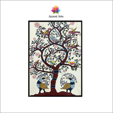 Vibrant Tree of Life with Peacocks & Birds Tribal Canvas Digital Art Painting by Ayansi Arts