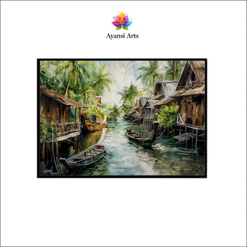 Oil Painted Floating Village Canal Canvas Digital Painting