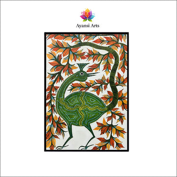 Enigmatic Green Bird under Autumn Tree Tribal Canvas Digital Art Painting by Ayansi Arts