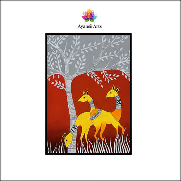 Luminous Yellow Deer under Grey & Red Tree Canvas Digital Art Painting by Ayansi Arts