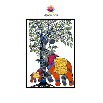 Madhubani Elephant Family under Tree Canvas Digital Art Painting by Ayansi Arts