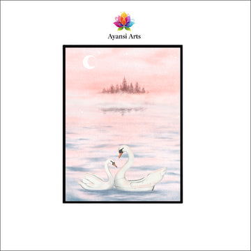 Moonlit Serenade: Swans on a Dream Lake Canvas Digital Painting by Ayansi Arts