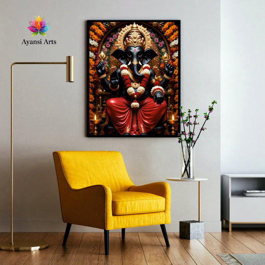 Regal Black Ganesha - Floral Adornment Canvas Art  by Ayansi Arts