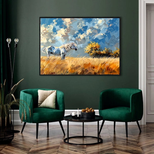 Prairie Solitude Canvas Digital Painting - White Horse in Golden Field