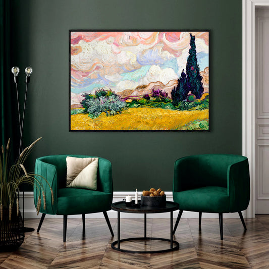 Wheat Field Under Cypress Trees Aesthetic Canvas Digital Painting - Van Gogh Inspired