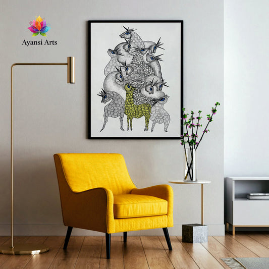 Enigmatic Deer Herd with Blue Eyes Canvas Digital Art Painting by Ayansi Arts