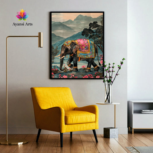 Regal Passage: Embellished Elephant in Mystical Mountains - Ayansi Arts