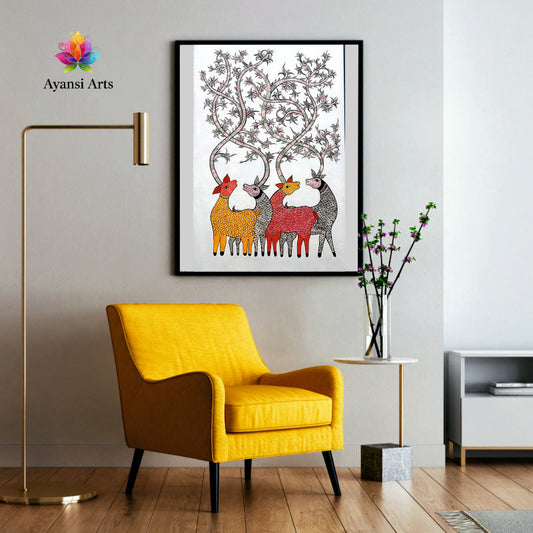 Entwined Deer with Flowing Antler Trees Tribal Canvas Digital Art Painting by Ayansi Arts
