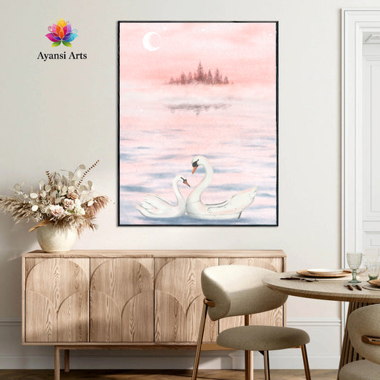 Moonlit Serenade: Swans on a Dream Lake Canvas Digital Painting by Ayansi Arts