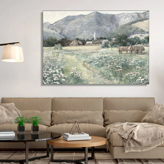 Watercolor Village Meadow Landscape Canvas Digital Painting