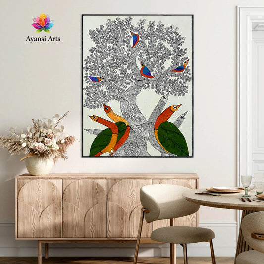 Tree of Life Series an Gathering of Birds Tribal Canvas Digital Painting Canvas Art by Ayansi Arts