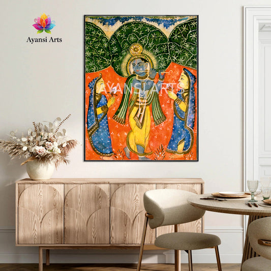 Krishna Playing Flute with Gopis Traditional Art by Ayansi Arts