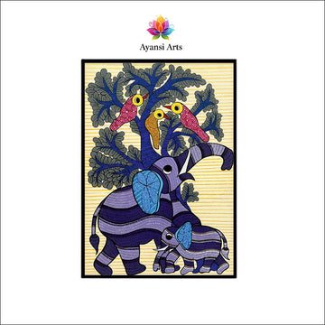 Family Harmony Purple Elephants & Pink Birds Digital Canvas Art by Ayansi Arts
