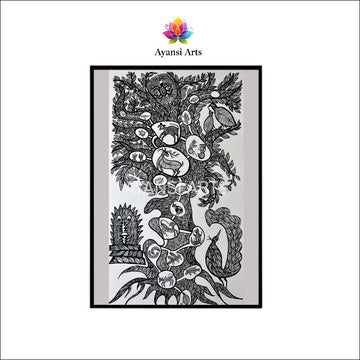 Gond Art Tree of Life with Creatures Canvas Painting by Ayansi Arts