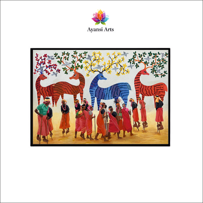 Gond Art Procession with Mythical Deer Canvas Painting by Ayansi Arts