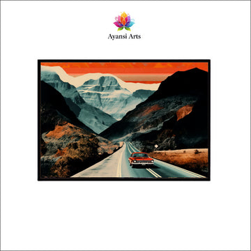 Mountain Pass Odyssey Aesthetic Canvas Digital Painting - Vintage Road Trip