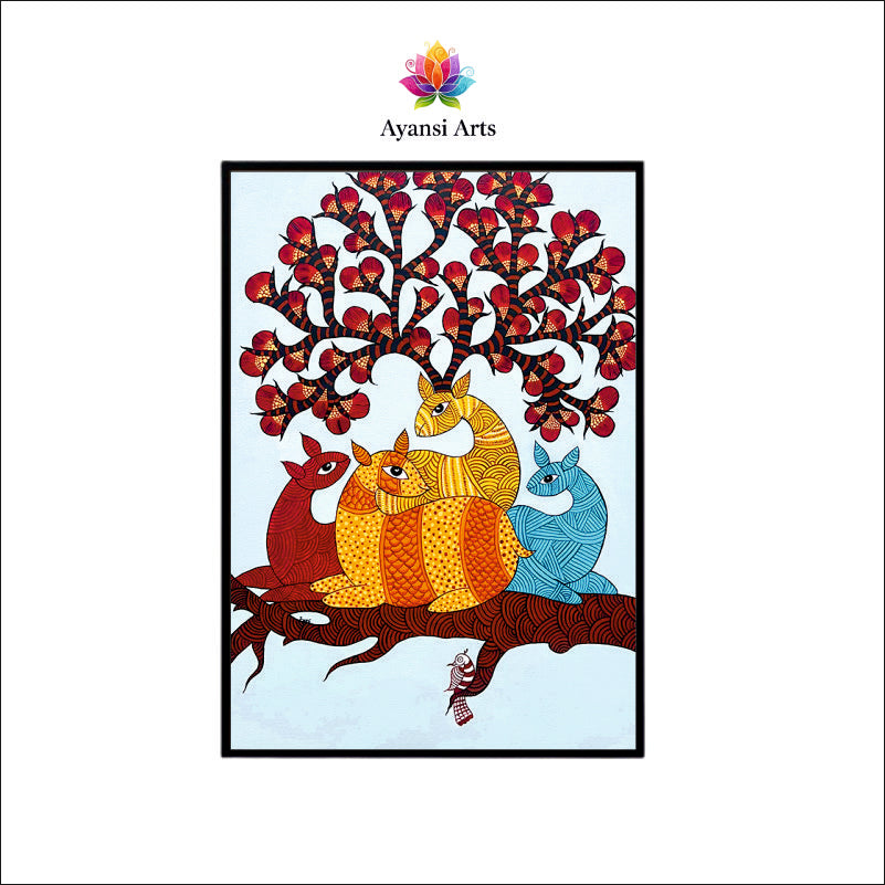 Vibrant Deer Family on Branch under Blossom Tree Canvas Digital Art Painting by Ayansi Arts