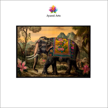 Regal Journey Canvas Digital Painting - Decorated Elephant in Landscape