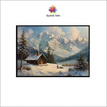 Oil Painted Winter Cabin in the Mountains Canvas Digital Painting