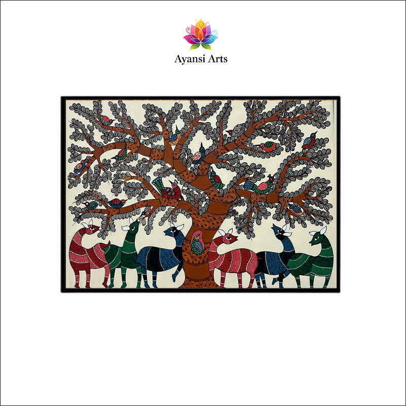 Gond Art Abundant Tree of Life with Animals and Birds Canvas Painting by Ayansi Arts