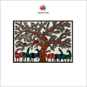 Gond Art Abundant Tree of Life with Animals and Birds Canvas Painting by Ayansi Arts