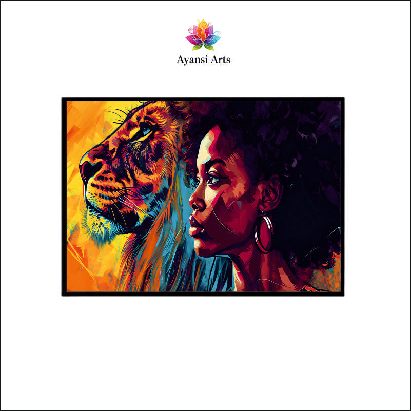 Inner Strength Aesthetic Canvas Digital Painting - Woman and Lion
