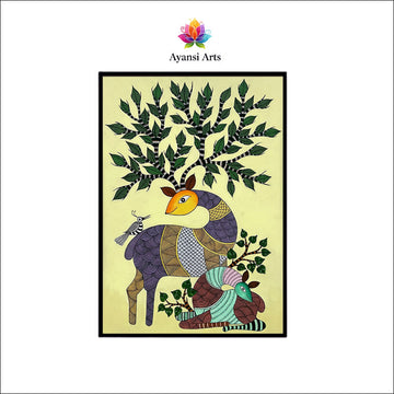 Deer Family under the Sacred Tree  Tribal Canvas Digital Painting Canvas Art by Ayansi Arts