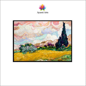 Wheat Field Under Cypress Trees Aesthetic Canvas Digital Painting - Van Gogh Inspired