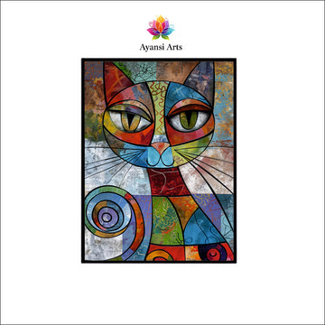 Whimsical Cubist Feline - Vibrant Abstract Cat Art by Ayansi Arts