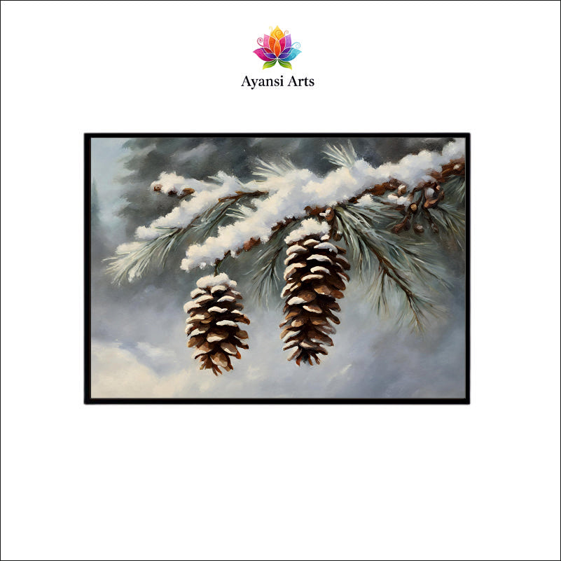 Winter's Touch: Snow-Kissed Pine Cones Canvas Painting