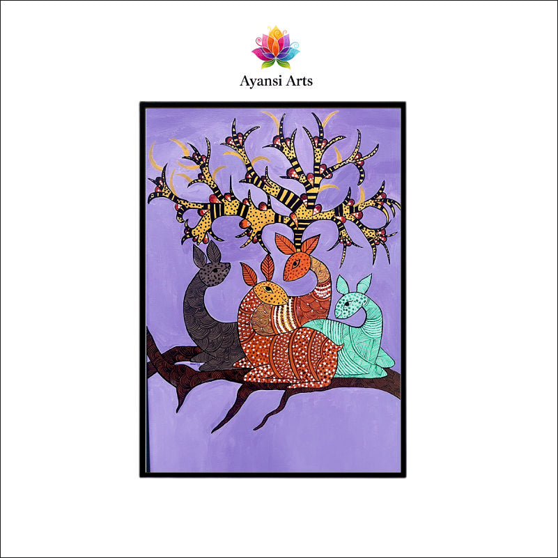 Enigmatic Deer Family under Sacred Tree Canvas Digital Art Painting by Ayansi Arts