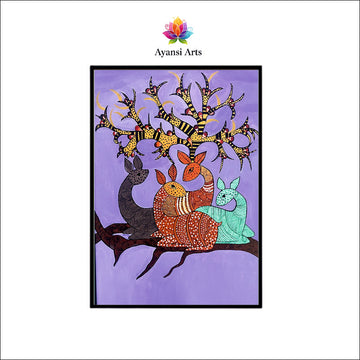 Enigmatic Deer Family under Sacred Tree Canvas Digital Art Painting by Ayansi Arts