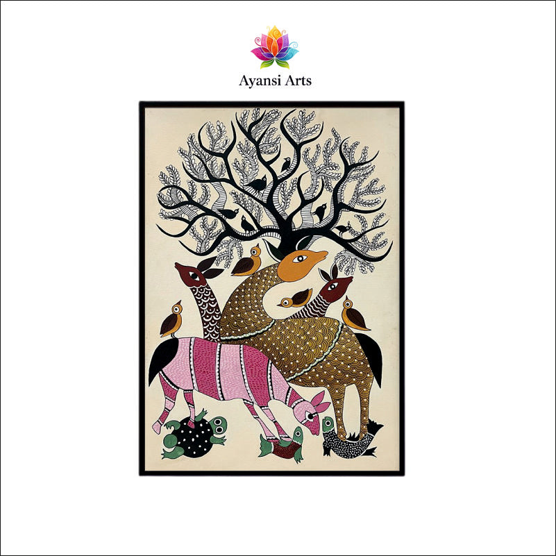 Forest Symphony: Deer, Birds & Tree of Life Canvas Art by Ayansi Arts
