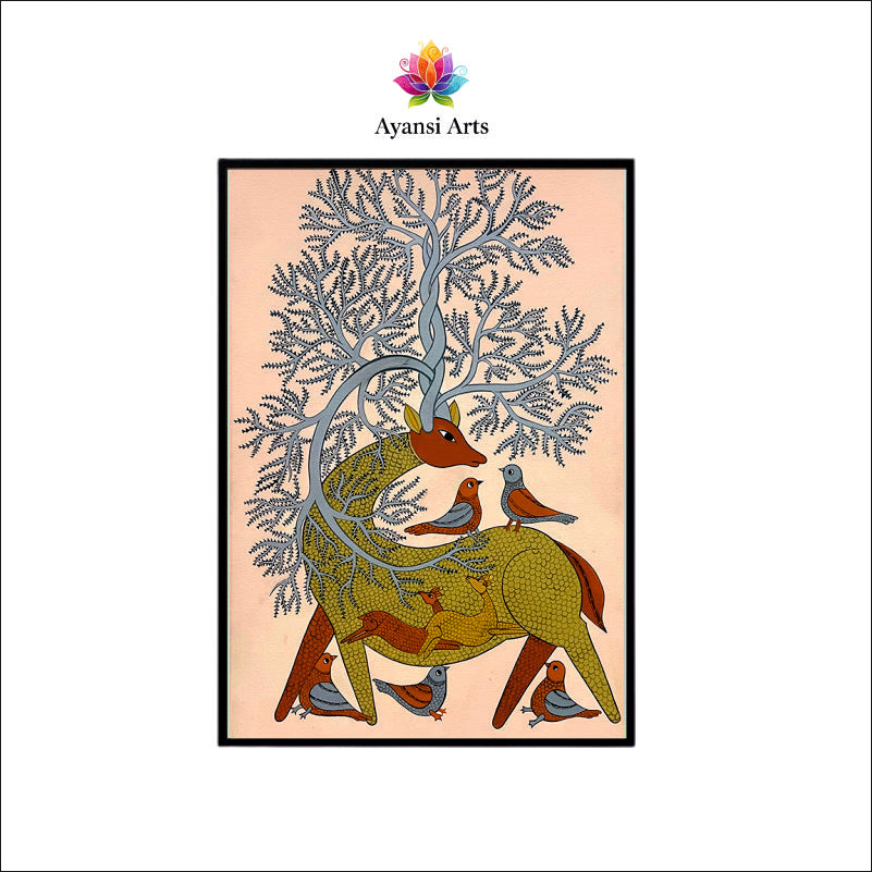 Enigmatic Deer with Tree Antlers & Birds Canvas Digital Art Painting by Ayansi Arts
