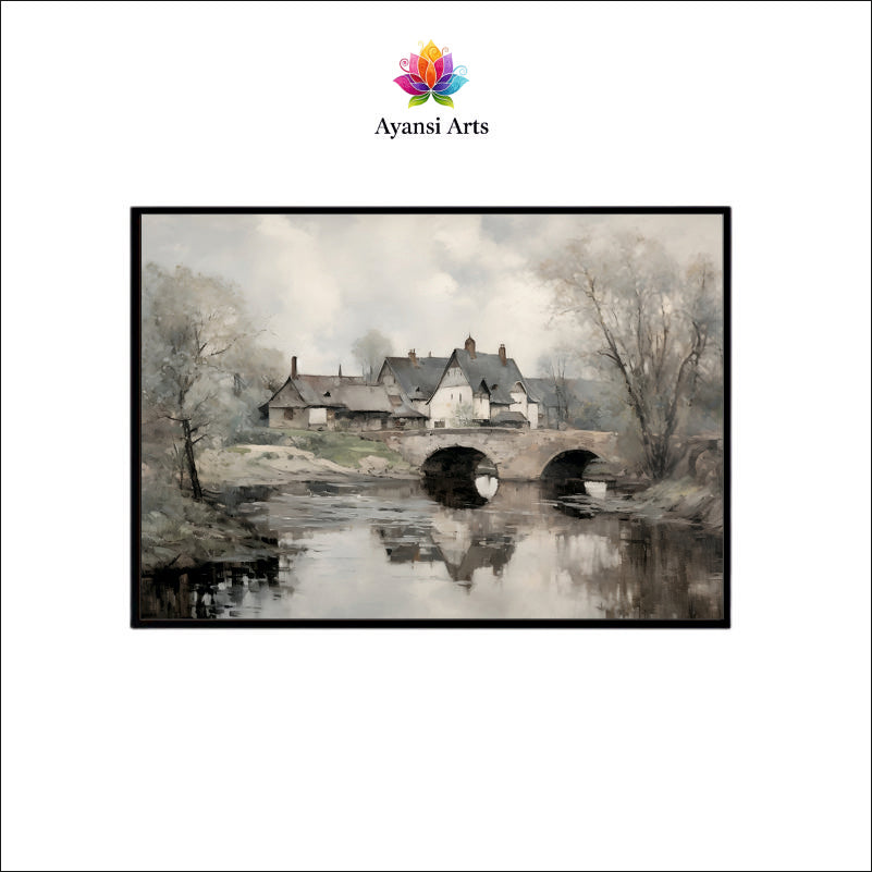 Winter River Crossing with Village Canvas Digital Painting
