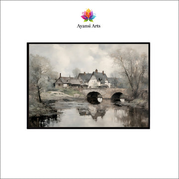 Winter River Crossing with Village Canvas Digital Painting