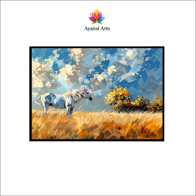 Prairie Solitude Canvas Digital Painting - White Horse in Golden Field