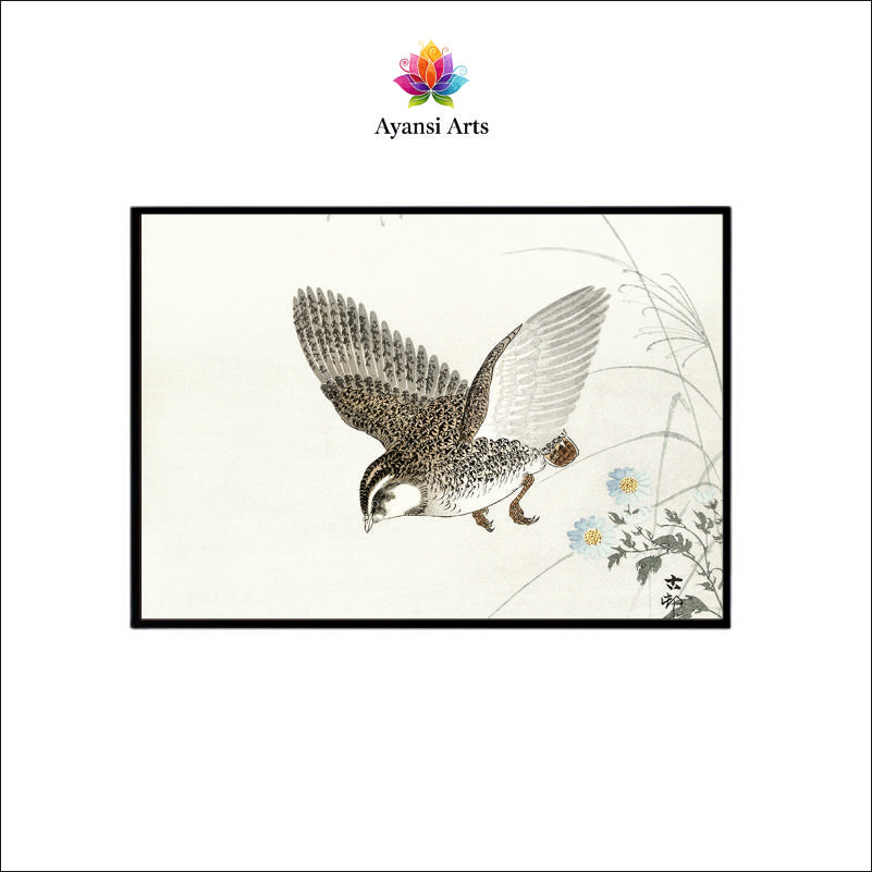Descending Quail Canvas Digital Painting - Japanese Woodblock Style