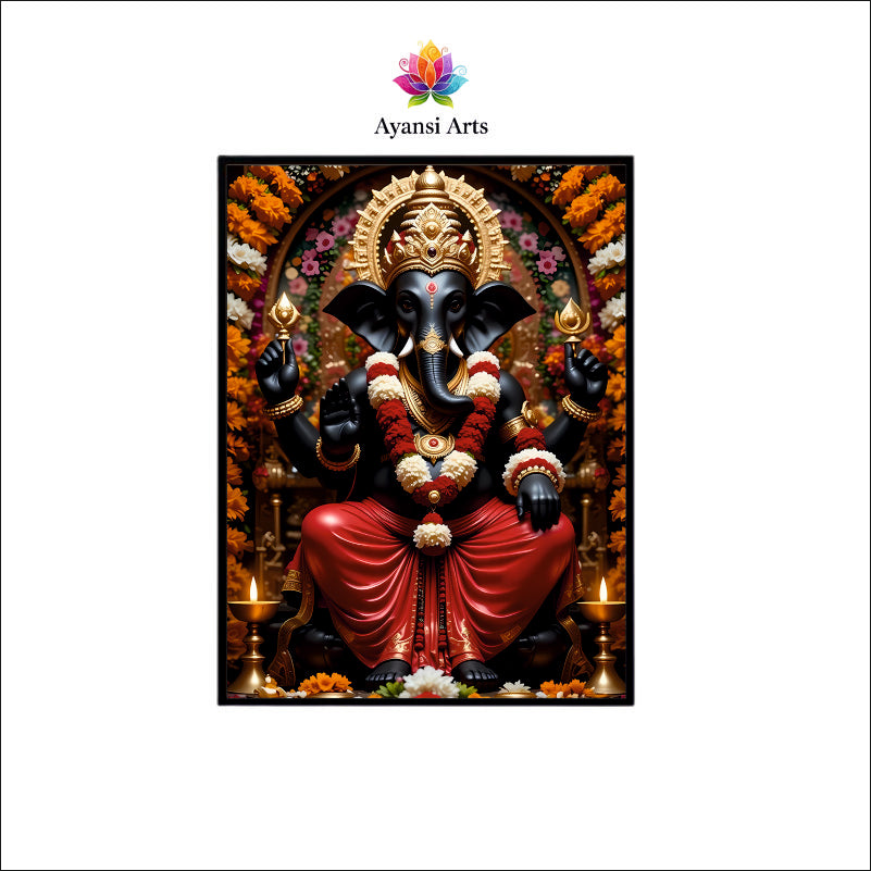 Regal Black Ganesha - Floral Adornment Canvas Art  by Ayansi Arts