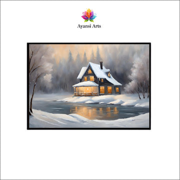 Reflections of Winter: A Cozy Lakeside Cabin Canvas Painting