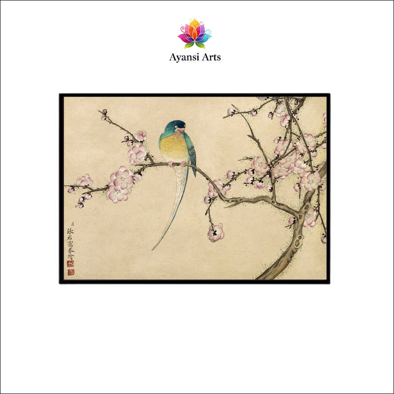 Spring Serenade Aesthetic Canvas Digital Painting - Bird on Blossoming Branch