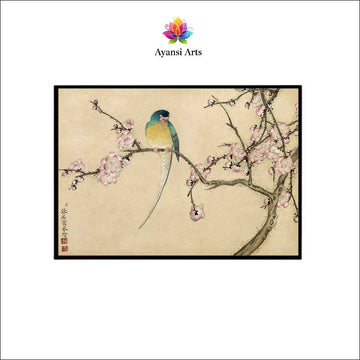 Spring Serenade Aesthetic Canvas Digital Painting - Bird on Blossoming Branch