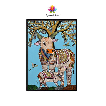 Sacred Cow & Calf under Tree Digital Canvas Art by Ayansi Arts