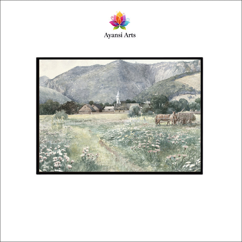 Watercolor Village Meadow Landscape Canvas Digital Painting