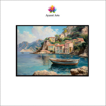 Oil Painted Mediterranean Coastal Village Canvas Digital Painting
